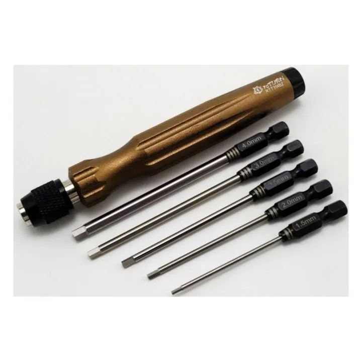Рукоятка отвёртки с магнитом и фиксатором 1/4" + биты Hex 1.5–3.0, PH, SL, бронза